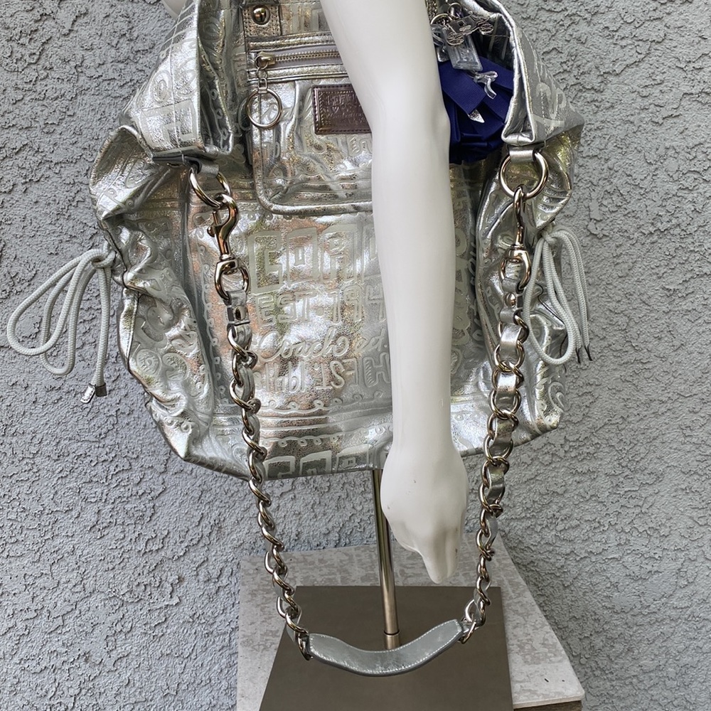 Vintage Y2K RARE Silver Metallic Coach Poppy Signature Shoulder Bag Purse XL - Picture 13 of 16